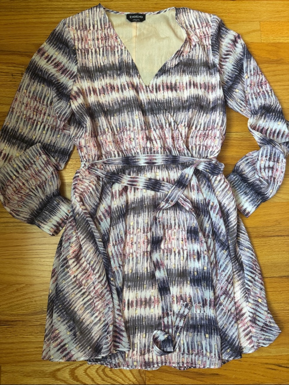 bebe V-Neck Belted Printed Dress in Ivory, Navy & Mauve